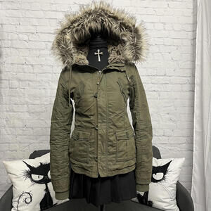 Y2K Ecko Red olive green faux fur lined utility parka coat jacket XS grunge